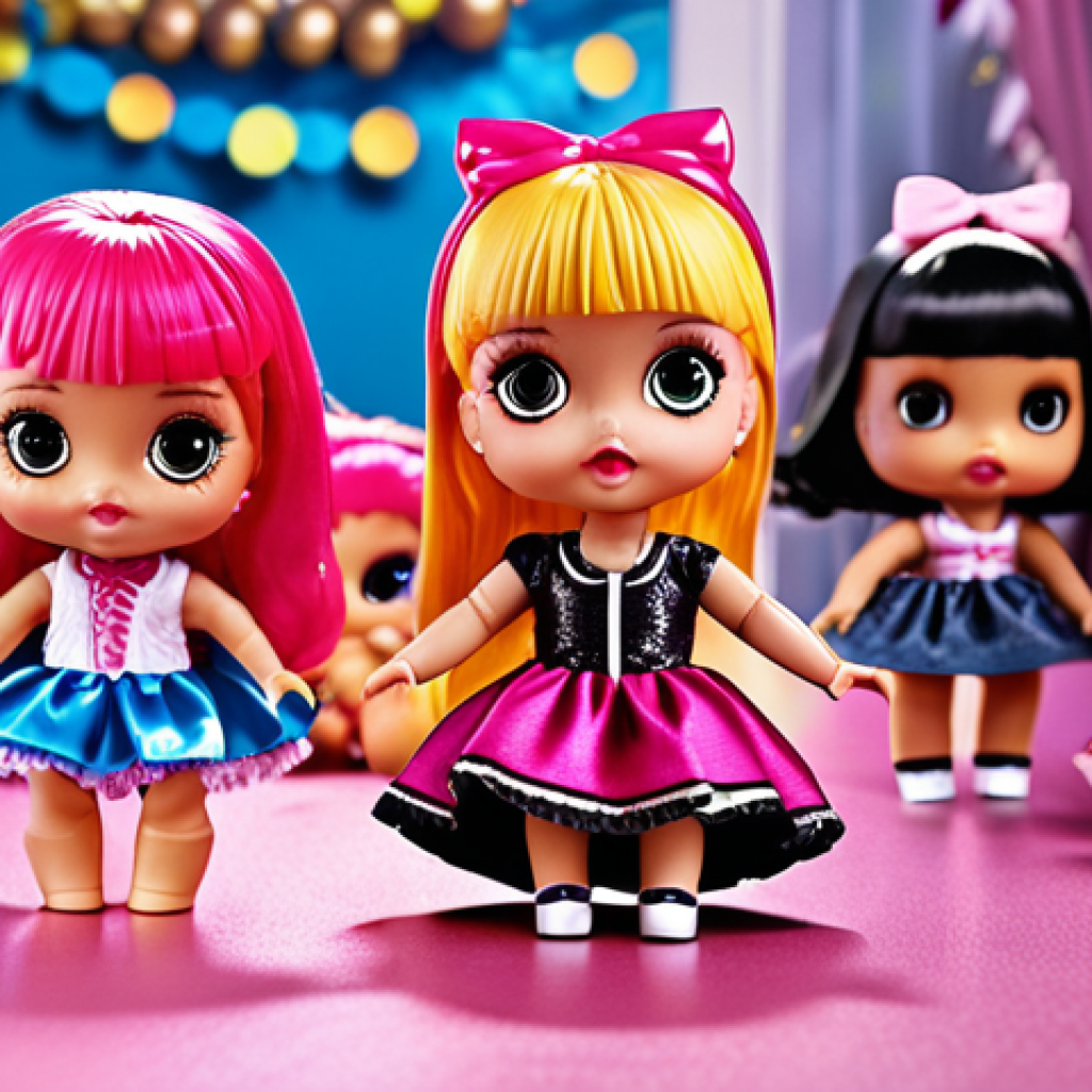 **Prompt:** A vibrant and colorful explosion of LOL Surprise dolls and accessories scattered playfully on a glossy surface. Focus on the intricate details of the dolls' outfits and accessories, with a bokeh effect in the background to create a sense of magic and wonder. Ensure a cheerful and inviting atmosphere that captures the excitement of unboxing a new LOL Surprise doll.