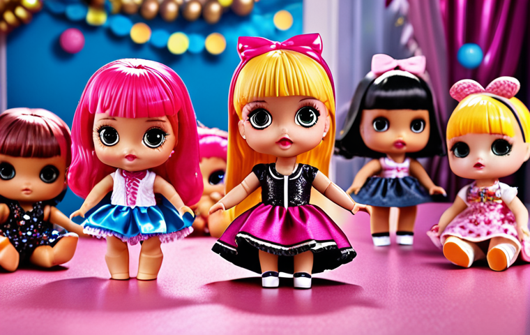 **Prompt:** A vibrant and colorful explosion of LOL Surprise dolls and accessories scattered playfully on a glossy surface. Focus on the intricate details of the dolls' outfits and accessories, with a bokeh effect in the background to create a sense of magic and wonder. Ensure a cheerful and inviting atmosphere that captures the excitement of unboxing a new LOL Surprise doll.